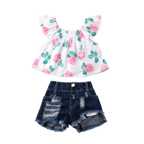 Summer Flower Off Shoulder Top With Denim Jean Shorts